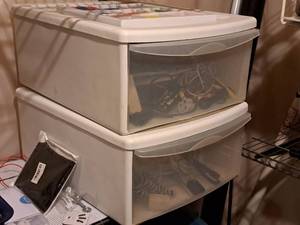 lot 303 image: Storage Cabinet 2-drawer with Electrical Cords, Power Strips, and more