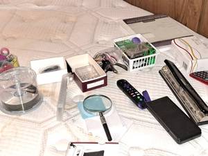 lot 417 image: Lot of  Assorted Office Supplies - 3 Hole Punch, Magnifying Glass, Push Pins, Paper Clips,