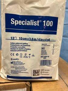 lot 64 image: MSRP $300  2 Cases NEW Essity Specialist 100 Cotton Undercast Padding - &nbspCotton Cast Padding 4 x 4 yards. Made of 100% cotton fibers. It is designed to provide undercast protection and wick body exudates. Expiration 327