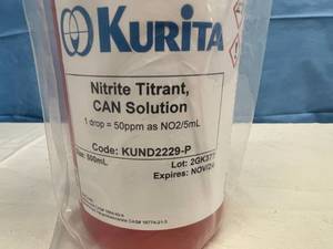 lot 20 image: Large Bottle 500 ML NEW Kurita Nitrite Titrant, CAN Solution KUND2229-P Expire 1124 See Description & Pictures For Details