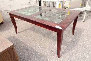 lot 159 image: Wood Kitchen Table with Beveled Glass Inserts and 18 Leaf - 44x70x30