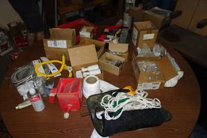 lot 633 image: Assorted Hardware -Paint Trays, Caulk Gun, Hinges