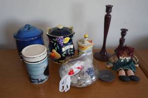 lot 397 image: Assorted Home Dcor -Cookie Jars, MN Canister, Candle Holders