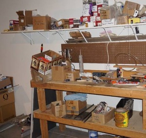 lot 623 image: Assorted Hardware -Patio Door Parts, Extension Cords, Drill, Wood, Scrapers