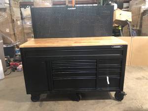 lot 2 image: Husky 61 in. W x 26 in. D Heavy Duty 10-Drawer 1-Door Mobile Workbench with Hardwood Top, Pegboard and Shelf in Matte Black Customer Returns See Pictures