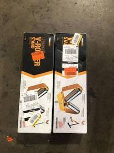 lot 14 image: 2 Lots of TOUGHBUILT 31.5 to 45.5 V-Roller Stand with 2 Rollers, adjustable height and steel ball bearings    Customer Returns See Pictures