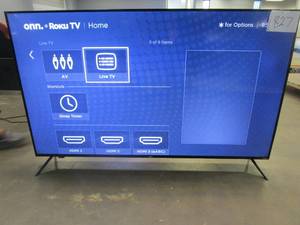 lot 827 image: ONN. 70 Class 4K UHD (2160P) LED Roku Smart TV HDR (100068378) (Spec on Screen and Bend in Side Bezel