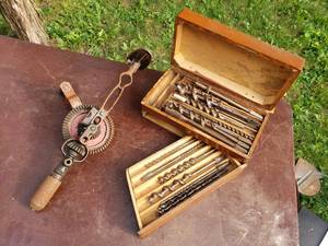 Vintage Hand Drill and Auger Bits in a Wood Case