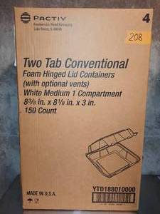 lot 208 image: Two-Tab Foam Hinged Lid Containers. 2 new boxes of 8 38 x 8 18 x 3 inch 150 count.