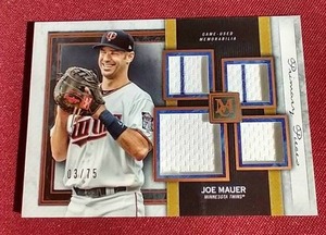 lot 70 image: Joe Mauer Quad Game-Used Jersey Card - #d75
