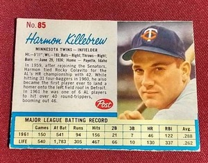 lot 104 image: 1962 Post Harmon Killebrew Card