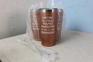 lot 83 image: 3ct Travel Mug w Metal Straw and Cleaner Copper Color