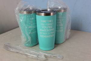 lot 84 image: 3ct Travel Mug w Metal Straw and Cleaner Turquoise