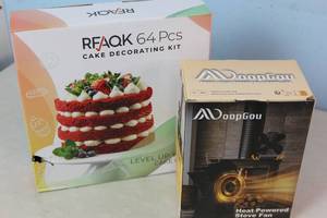 lot 90 image: RFAQK 64pc Cake Decorating Kit  NoupGou Heat Powered Stove Fan