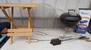lot 26 image: Camping...Weber Table Top Grill, Utensils, Collapsible Table, Charcoal...