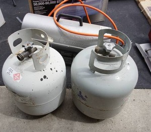 lot 28 image: GarageShop...Coleman Powermate Propane Forced Air Heater, Propane Tanks