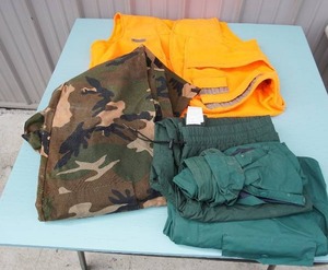 lot 31 image: Outdoor Sporting Gear...Columbia Sportswear Mens XL Blaze Orange Hunting Vest, Mens Columbia Large Rain Gear Coat and Pants, Duck Bay Mens Large Full Body Coveralls