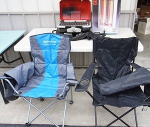 lot 34 image: OutdoorPatioFurniture...Collapsible Chairs, Holmes Tower Quartz Heater, Cuisinart Grill