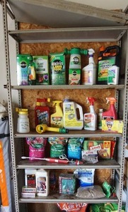 lot 72 image: GarageLawnGarden...Shelving Unit and All Contents, Plant Food, Weed Killer Etc.