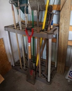 lot 97 image: GarageLawn and GardenTools...Shovels, Rakes, Brooms in Utility RackStand