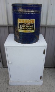 lot 199 image: GarageStorageCleaning...Rags, Nashs Oil Base Sweeping Compound Tin, White Wood Cabinet
