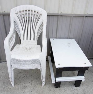 lot 202 image: OutdoorPatioFurniture...Four Plastic Lawn Chairs, Custom Wood Side-Table