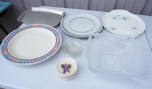 lot 260 image: VintageMCMKitchenDishes...Salem North Star Serving Platter Atomic Starburst, Calaphon Silver Serving Tray, Mikasa Etc