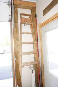 lot 324 image: Garage...Six Foot Wood Step Ladder, Wood, Bins Etc.