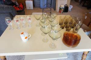 lot 363 image: Home EssentialsBarwareGlasses...Amber Plates and Stemware, Tiered Stand, Champagne Glasses Etc.