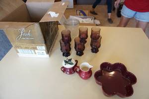 lot 367 image: CollectiblesVintageKitchenDrinkware...Madeira Plum by FRANCISCAN Water Goblet  Large Wine Glass Set of 10 Deep Purple Footed Goblets, RED WING POTTERY Normandy Sugar Bowl Creamer Etc.