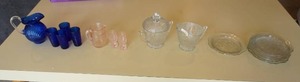 lot 370 image: CollectiblesGlassware...Pitchers, Plates, Cream & Sugar, Drink Glasses in Blue, Pink and Clear Glass
