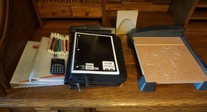 lot 407 image: Office Supplies...Tabletop Paper Cutter, Paper Punch, File Folders Etc