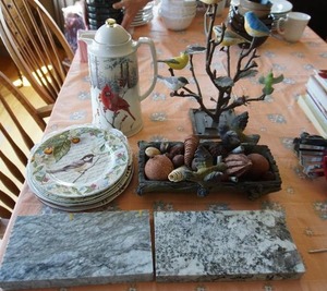 lot 420 image: CollectiblesDecorTabletop...Hallmark Marjolein Bastin Natures Birds at My Window Tree w Birds, Carafe, Plates Etc.