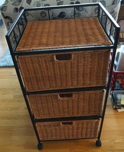 lot 434 image: AntiqueVintageFurnitureStorage...Metal and Wicker Woven Portable Storage Unit with Drawers