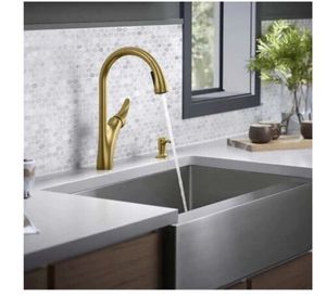 lot 14 image: Kohler Transitional Touchless Kitchen Faucet w Soap Dispenser REC32323-SD-2MB - GOLD FINISH