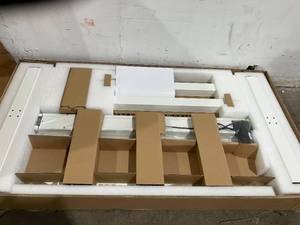 lot 107 image: FLEXISPOT Electric Adjustable Standing Desk with White Frame and Grey Wood Grain Top