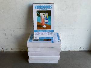 lot 33 image: LOT OF 6. SWIMLINE HYDROTOOLS 89032 Free Standing Poolside Adjustable-Towel Rack With Water Weighted Base