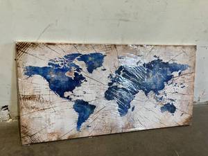 lot 98 image: Large Abstract Navy Watercolor World Map with Vintage Driftwood Background Canvas Wall Art
