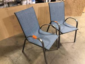 lot 42 image: 2 StyleWell Mix and Match Stackable Brown Steel Sling Outdoor Patio Dining Chair in DenimCustomer Returns See Pictures