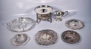 lot 321 image: Nine Vintage Silver-Plated and Glass Serving Items