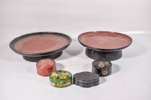 lot 350 image: Four Lacquered Containers and Two Pedestaled Trays