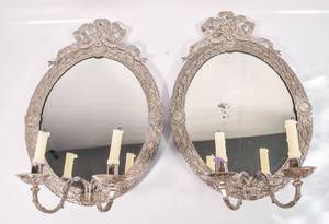 lot 20 image: Vintage Pair of Metal-Framed Wall Mirrors with Candlesticks