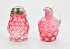 lot 144 image: Opalescent Glass Sugar Shaker and Creamer in Cranberry Pink