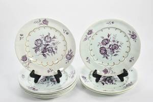 lot 148 image: Set of 10 Ironstone China Plates in White and Purple by Adams