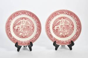 lot 150 image: Pair of Red and White Chinoiserie Plates by Royal China