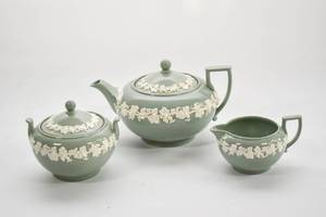 lot 41 image: Green Three-Piece Tea Set by Wedgwood