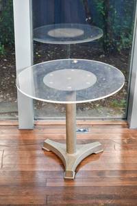 lot 82 image: Metal Pedestal Table with a Plexiglass Top by the Ranko Eng Co.