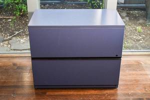 lot 95 image: Blue Two-Drawer File Cabinet by Groupe Lacasse