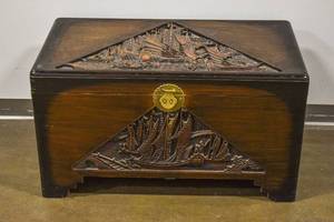 lot 7 image: Vintage Carved Wooden Naval Trunk by J. L. George