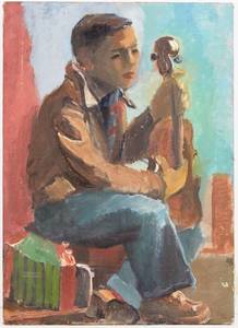 lot 298 image: WPA-Era Man and Violin Painting by Elizabeth Grant